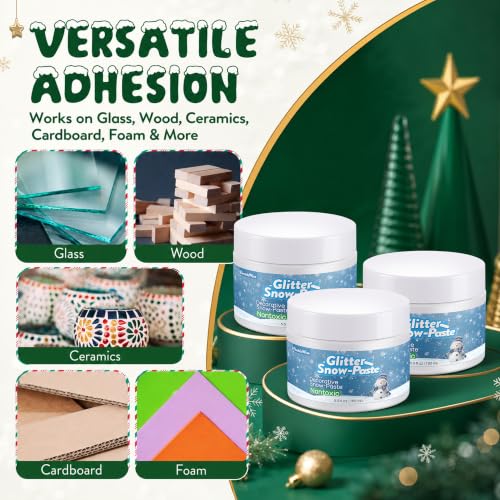 ElectricWise Glitter Snow Paste, Non Toxic Non Yellowing Snow Paste, Fluffy Crafting Glue with Sparkling Finish, Ideal for Glass Cardboard Wood Foam & All Decor Crafts(3 Pack with 6 Spreaders,5.5oz) - Image 6