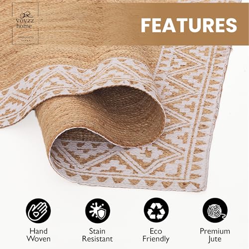 Image of voyzz home 6X9-feet Rectangular, Premium Quality Jute Braided Area Rug, White Printed Border, Stain Resistance, Natural Brown, Handmade Rug for Entryways, Living Room, Dining Room, Bedroom, Farmhouse