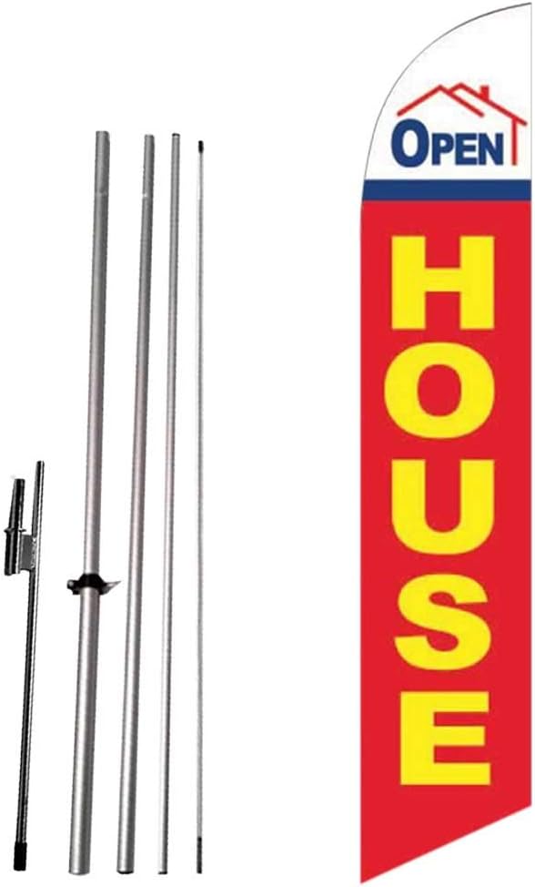 Open House For Real Estate (Red/Blue) Advertising Feather Flag Banner Sign - Complete 15ft Pole kit, Ground Spike and Carry Bag.