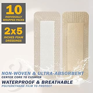 EVERLIT Care Silicone Foam Dressing with Adhesive Border | Highly Absorbent Hypoallergenic Bandages for Chronic Wounds, Bed Sores, Pressure Ulcers | Gentle & Secure Adhesion (2" x 5" | 10 Pack)