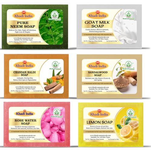 Image of Khadi Organic and Natural Handmade Bathing Soap for Men & Women | Assorted Herbal & Chemical-Free Face and Body Soap for Gentle Cleansing & Healthy Skin (Mixed Bar Soap (Pack of 6))