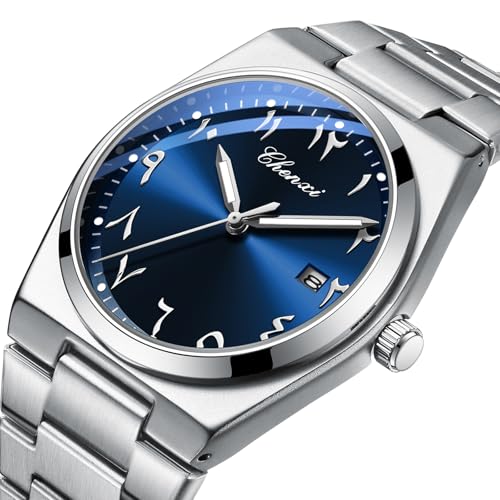 MASTOP Arabic Dial Men's Quartz Watch Silver Stainless Steel Luminous Waterproof Business Casual Wristwatch with Date Display (Silver Blue) by MASTOP - Used condition - US$17.71