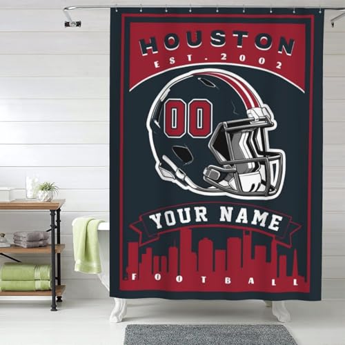 Blinshir Custom Houston Shower Curtain for Bathroom Personalized Football Style with Name Number Customized City Sport Bath Curtain Gifts for Fans Men Women, Includes 12 Hooks