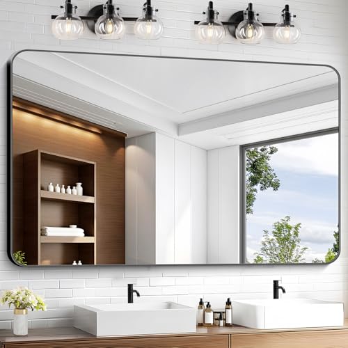 Image of KOCUUY 55x36 Black Bathroom Mirror, Large Matte Black Vanity Mirror, Tempered Glass Mirror for Bathroom Wall, Black Rounded Rectangle Mirror Modern Decor for Bedroom, Living Room, Farmhouse, Entryway