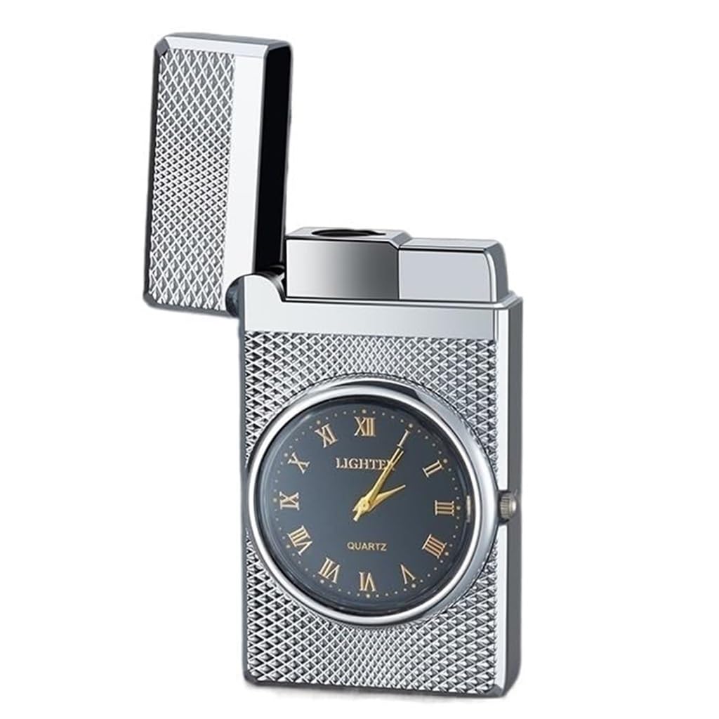 FENDOUYE Clock Lighter 2-in-1 Portable Lighter Refillable Butane Lighter, Windproof Open Flame Metal Lighter, Adjustable Flame Size Lighter, Gift Gift for Men(Silver)