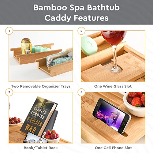 Premium Bathtub Caddy Tray - Waterproof Bamboo Bath Tray & Organizer - Wooden Holder For Wine, Book, Soap, Phone - Expandable To Fit Large Or Small Tubs - Ideal For Men And Women #TOP6