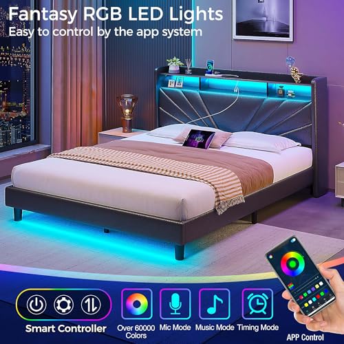 Image of Rolanstar Queen Size Bed Frame, Storage Headboard with Charging Station and LED Lights, Upholstered Bed with Heavy Duty Wood Slats, No Box Spring Needed, Noise Free, Easy Assembly, Black