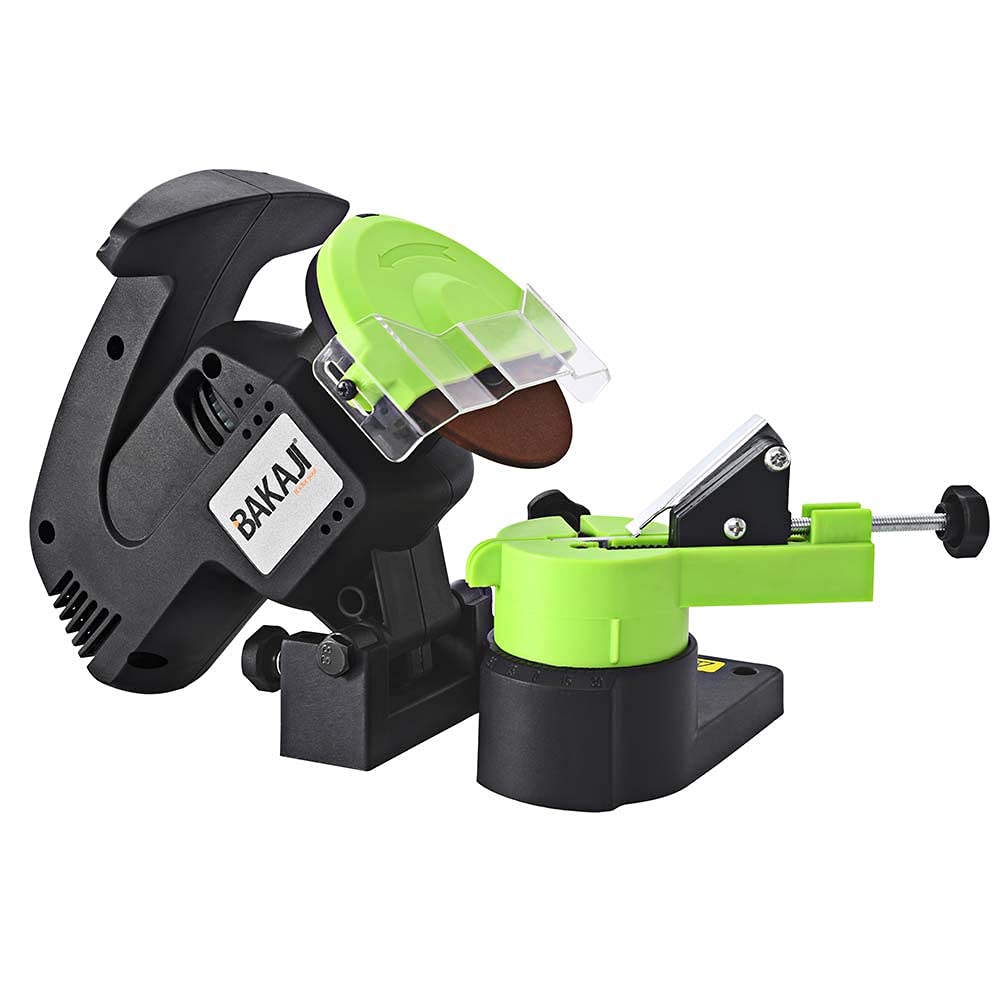 Bakaji Affilacatene Elettrico da banco per Catena Motosega Affila Catena con Serraggio Automatico e Angolo di Affilatura Regolabile Potenza 220 W 7500 Rpm 2Disco 108 mm Incluso