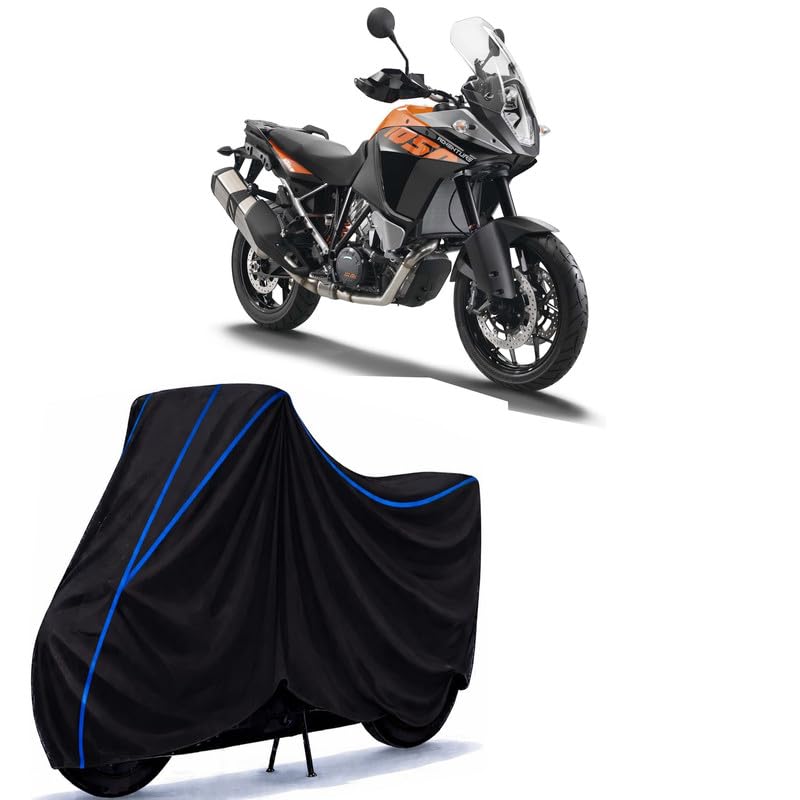 Image of KTM 1050 Adventure Bike Cover Water Resistant Universal Motorcycle Rain | Heavy Duty UV Protection, Dust, Scratch Indoor Outdoor All Weather with Black Blue Piping Elastic