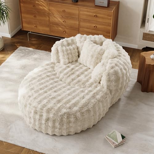 ONEMMLION 55" Oversized Chaise Lounge Indoor Round Reading Chair Lounge Chair with Ottoman Boneless Sofa Bed Large Fluffy Plush Faux Fur Chaise Chair for Living Room, Playroom, Bedroom, Beige White