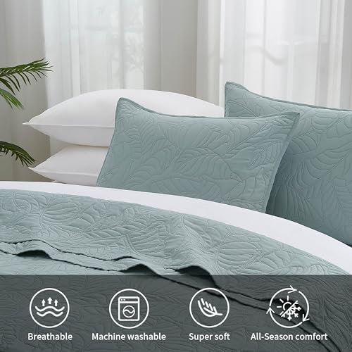 BOURINA Ultrasonic Quilt Set 3-Piece Bedding Set Pre-Washed Microfiber Ultra Soft Lightweight Leaf Bedspread Coverlet Set for All Season, Queen Aqua by BOURINA - Image 3