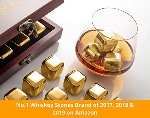 Amerigo Gold Stainless Steel Whiskey Stones Gift Set in Beautiful Wooden Box - Reusable Ice Cubes for Drinks - Bar Accessories - Whiskey Rocks - Whisky Gifts for Men - Chilling Stones + Ice Tongs - Thumbnail 6