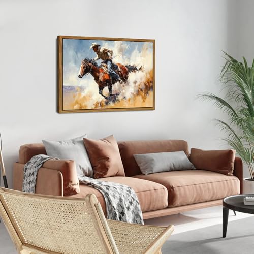 Image of Western Wall Art Retro Cowboy Framed Wall Art Cowboy Riding Horse Canvas Prints Vintage Farmhouse Western Rodeo Wall Decor for Living Room Bedroom Office Rustic Country Artwork Home Decorations 24x36