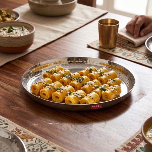 Image of HAZEL Stainless Steel Lunch Plate 23 cm | Plate with Hammered Style Side Walls | Daily Use Dinner Plate Food Serving Plate for Restaurant Thali