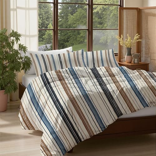 Housse de Couette 140x200cm Microfibre Réversible à Rayures Géométriques avec Fermeture Éclair