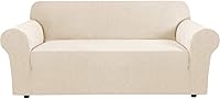 HVERSAILTEX Stretch Sofa Slipcovers for 3 Cushion Couch - Thick Checked Jacquard Fabric, Elastic Bottom, Fits 72-88" Large Natural