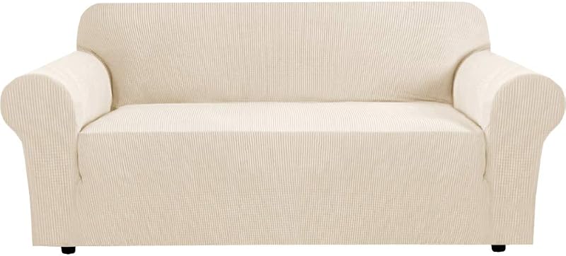 H.VERSAILTEX Fundas de sofá elásticas para 3 Fundas de cojín Fundas de sofá para Sala de Estar con Tejido Jacquard Grueso a Cuadros con Fondo elástico, sofá Grande - Natural