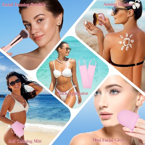 Image of 6pcs Self Tanning Mitt Applicator Kit Including Self Tanning Mitt and Brush, Body Brush, Back Applicator, Mini Facial Glove, Facial Tool, Exfoliating Glove (Pink)