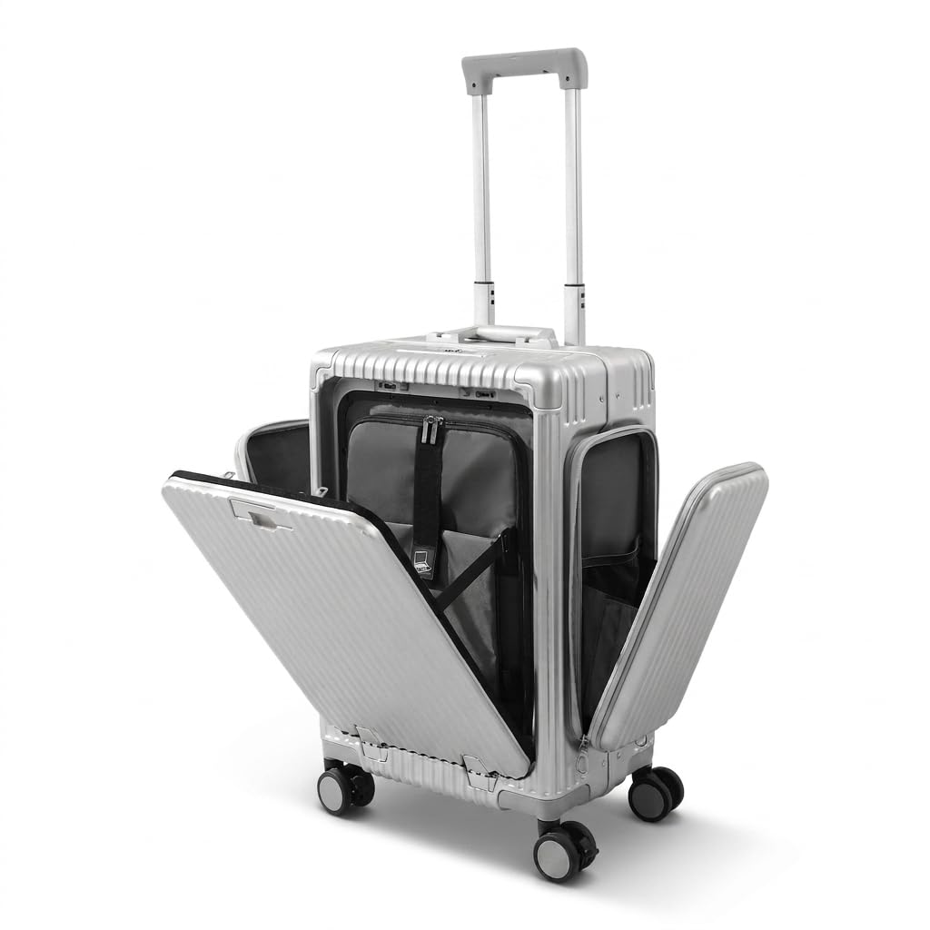 Bagaż podręczny z aluminiową ramą, 100 cm, twarda obudowa z portami typu C i USB, walizka na laptopa o przekątnej ekranu 15,6", zamek szyfrowy, walizka podróżna z 4 (2 z hamulcami), cicha