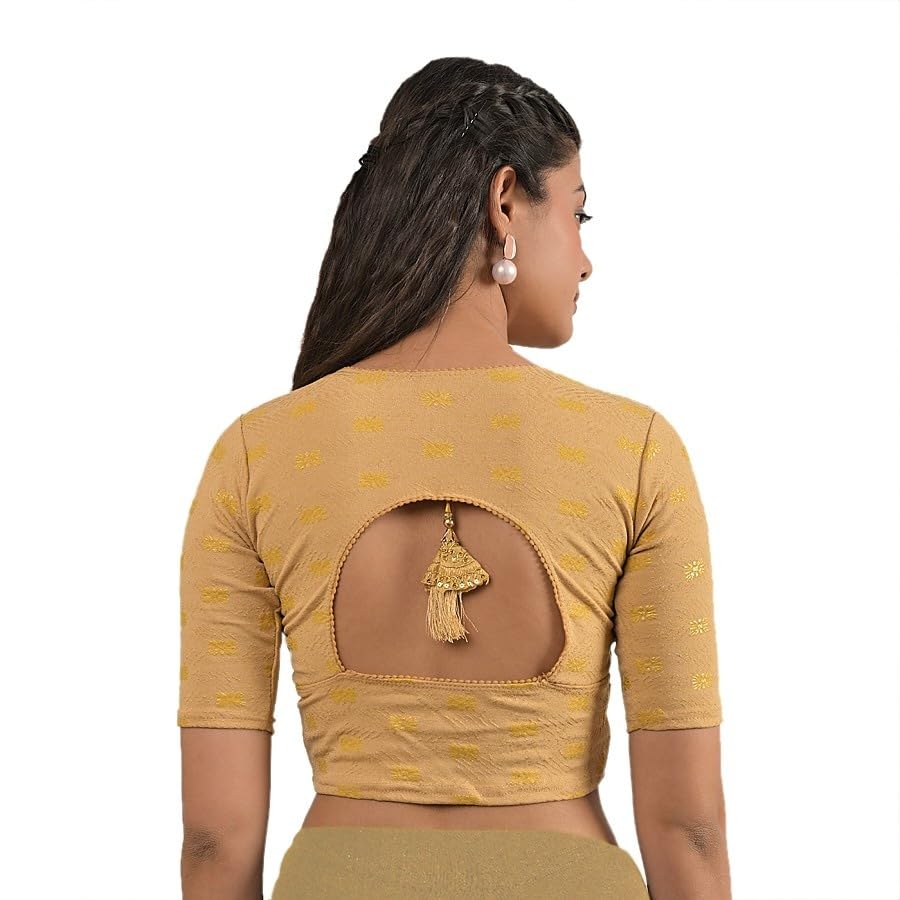 TheWowFactor Cotton Stretchable Comfy Round Neck Elbow Length Sleeves Saree Blouse with Back Design-picture-19