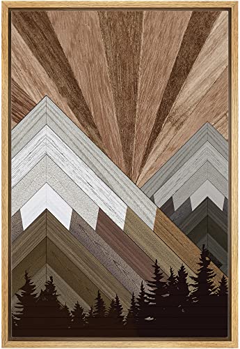 Image of wall26 Framed Canvas Print Wall Art Western Decor Brown Wood Panel Snowy Mountain Forest Nature Shapes Digital Art Modern Art Rustic Scenic for Living Room, Bedroom, Office - 16x24 Natural