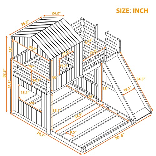 Image of Twin Over Full Bunk Bed Frames Loft Bed with Slide, House Roof, Window and Safety Guardrails for Boys or Girls, White