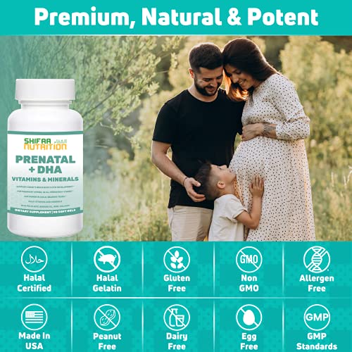 SHIFAA NUTRITION Halal Prenatal Vitamins With DHA and Folic Acid | High Potency 90 Softgels, Keto-Friendly | Vitamin C 120mg, DHA 250mg, Folic Acid 800mg, EPA 90mg, Biotin, Lutein, Borage Oil & Iodine