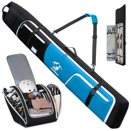 RAINSMORE Ski Bag and Boot Bag Combo 360°Fully Padded Ski Bags for Air Travel, Snowboard Bag Snow Ski Boot Bag Fit Skis Up to 200cm and Boots Up To Size US13, Water-Resistant Ski Boot Travel Bag