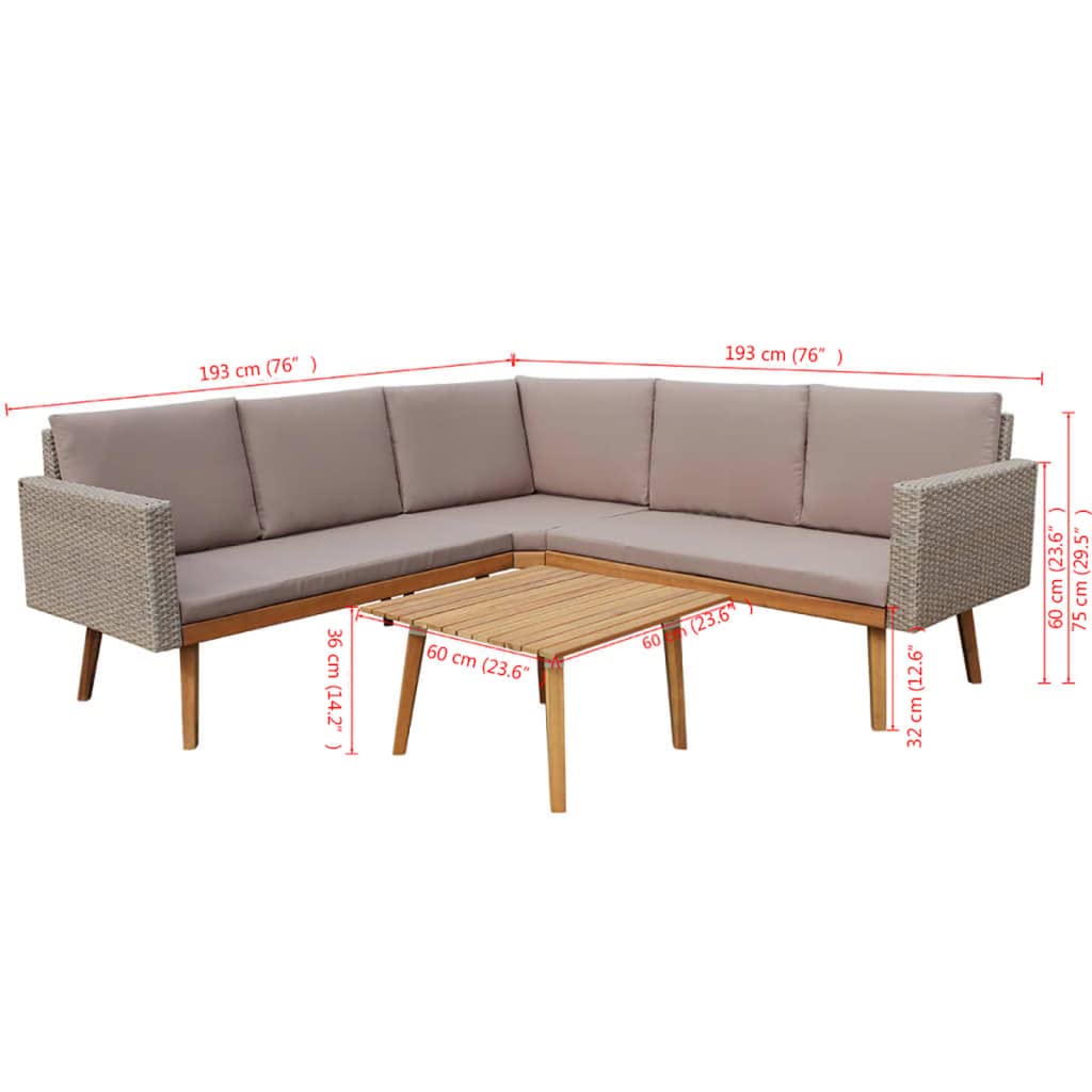Set Divani da Giardino 4 pz con Cuscini Polyrattan Grigio per Terrasse Balcone Patio e Veranda Spaziosi