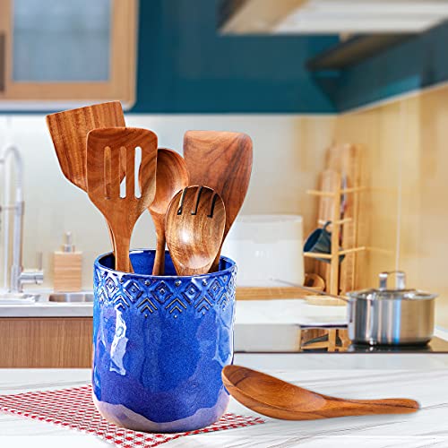 Meigui Kitchen Utensil Holder, Ceramic Utensil Crock Large Utensil Holder For Countertop, Cooking Utensil Organizer For Wedding/Birthday/Housewarming Gift, Navy Blue Color #TOP3