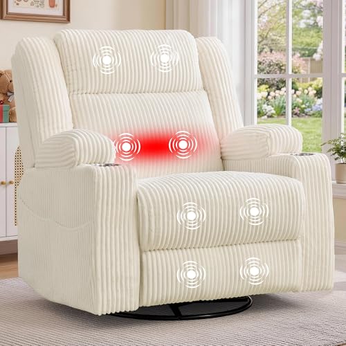 Korser Power Swivel Rocker Recliner with Dual Motor Adjustable Headrest for Adults, Oversized 24" Wide Seat Glider Rocking Chair with Massage & Heat, Corduroy Electric Recliner with USB&Type-C, Beige