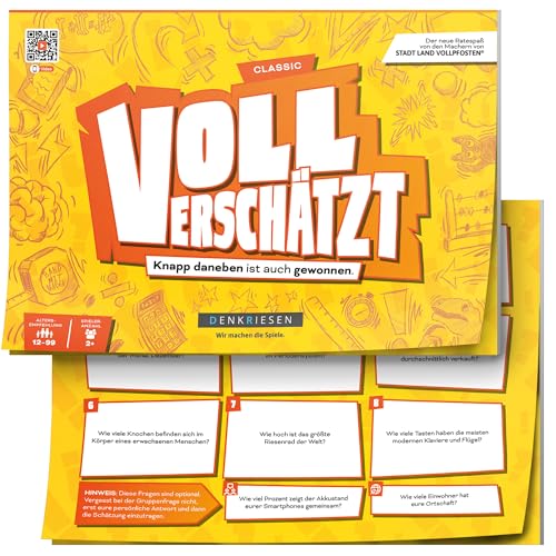 DENKRIESEN - VOLL VERSCHÄTZT! Classic Edition | DIN A4 Spielblock | Ab 12 Jahren | Schätzspiel | Familienspiel | Partyspiel | Ohne Internet | Antworten mit auf dem Block