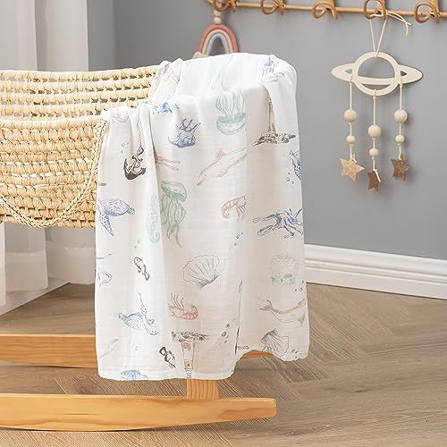 Image of BabyWhale Muslin Swaddle Blanket with Hat and Headband Bow, Marine Animals Pattern Swaddle Set for Baby Boys ＆ Girls, Unisex Newborn Soft Receiving Swaddle Wrap, 47x47 inches