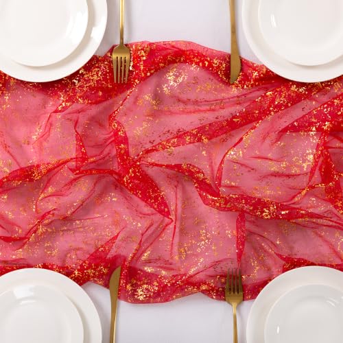 Image of Gold Glitter Table Runner Red Sheer Gauze Foil Table Runner 120 Inch