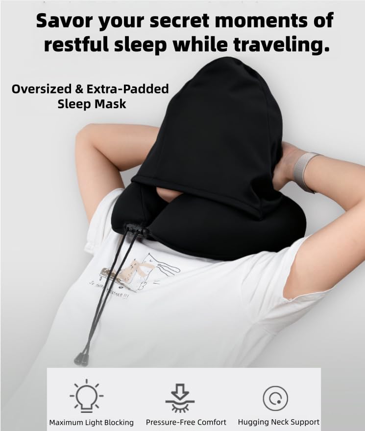 Image of Travel Neck Pillow with Extra Large Hood Rollable Airplane Hooded Neck Pillow with Memory Foam Filling and Removable, Skin-Friendly Cover with Carrying Case & Pouch (Velvet)
