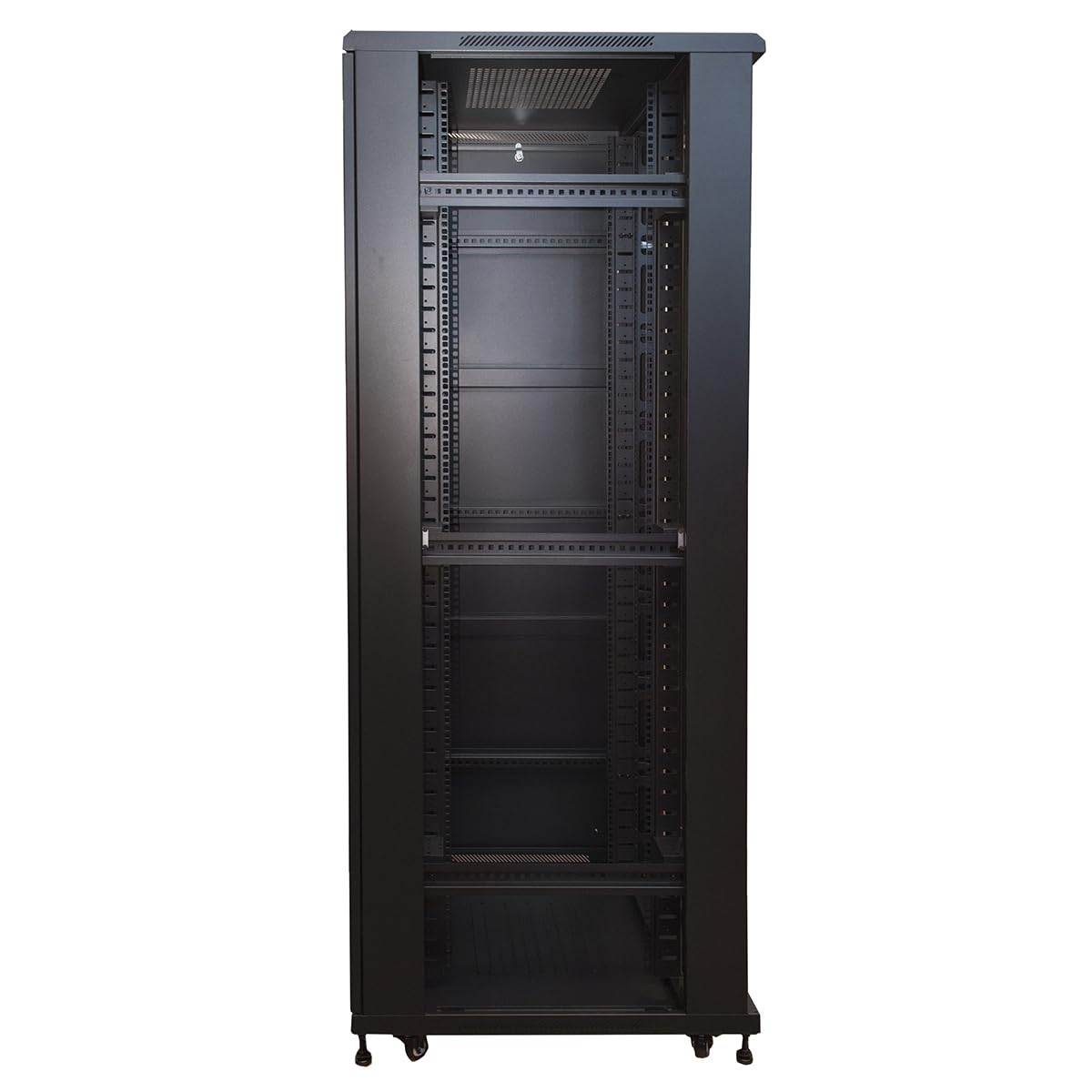 ARMADIO RACK 19" 42U (A)2055, (L)800, (P)800 COLORE NERO PORTA VETRO DISASSEMBLATO CON GUIDACAVI LATERALE