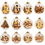 12PCS Glowing Christmas Ornaments - Mini Gold Light-Up Christmas Ball Ornaments - Christmas Tree Ornament with Warm LED Light for Tree Mantel, Holiday Scene Decoration & Gift