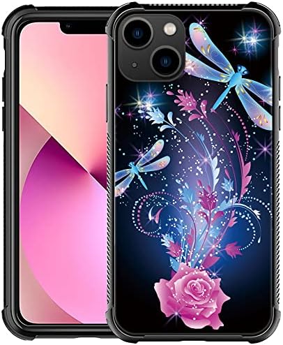 Goodsprout iPhone 13 Case, Neon Dragonfly Pink Rose iPhone 13 Girl Cases, Tempered Glass Back+Soft Silicone TPU Shock Protective Case for Apple iPhone 13,iPhone 13(6.1 inch)