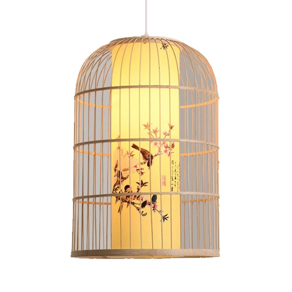 LQZCXMF Woven Wicker Pendant Light, Hand-Woven Wicker Ceiling Chandelier with Faux Parchment Shade Coastal Restaurant Craft Bamboo Pendant Lamp for Kitchen Island Farmhouse, 15.7 in