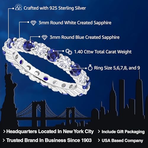 Gem Stone King 1.40 Cttw Round Blue Created Sapphire Eternity Band Ring for Women | 925 Sterling Silver | Gemstone Birthstone | Round 3MM | Available In Size 5, 6, 7, 8, 92