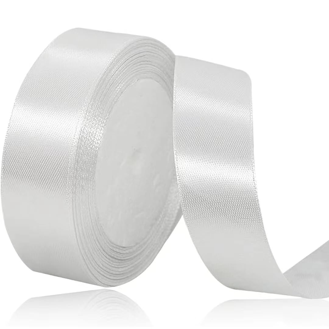 Geschenkband weiß 25 mm Breit,23 Meter Satinbänder Weiss Stoff Schleifenband Kunsthandwerk, Kränze, Hochzeitsdekoration, Weihnachten, Haarbögen, Blumensträuße, Geburtstag und Geschenkverpackung