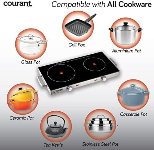 Miniatura 5 de Courant Quemador infrarrojo doble eléctrico, placa de cocción de placas de vidrio de cerámica, 1700W - Acero inoxidable