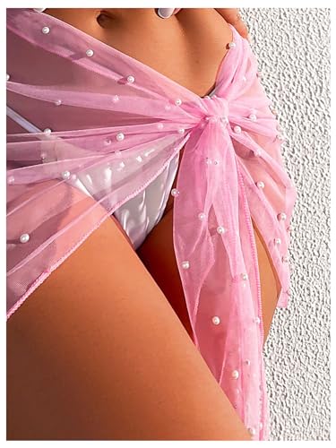 Image of GORGLITTER Women's Cover Up Sarong Wrap Skirt Bachelorette Outfits for Bride Sheer Mesh Bridal Swimsuit Pearl Bathing Suit