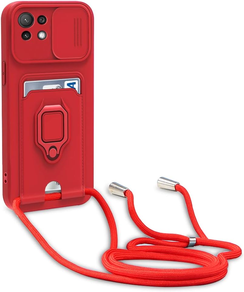 yanasuo Protección de Cámara Funda Compatible con Xiaomi Mi 11 Lite 4G/5G/Mi 11 Lite 5G NE, con Anillo Soporte, Ajustable Collar Correa de Cuello Cordón Carcasa de Silicona-Rojo
