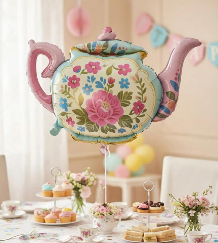 Atpata Funky 34 Inch Floral Tea Pot Shape Foil Balloon for Partea Decoration, Vintage Garden Botanical Balloon for Bridal/Baby Shower, Birthday, Kitty Party, Pastel Flower Theme Decor-image-4