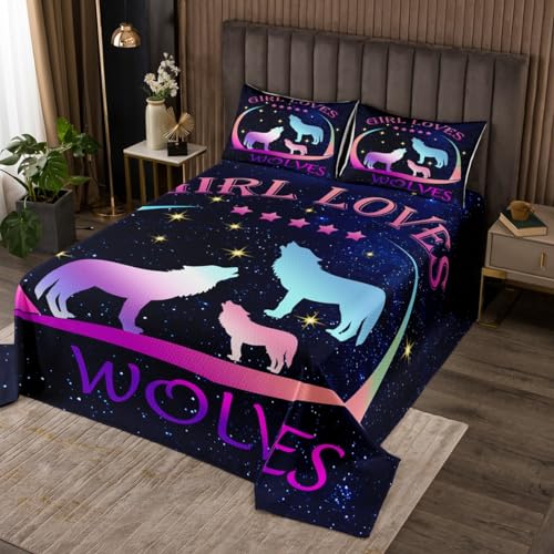 Feelyou Wolf Bedspread Galaxy Wolves Quilted Coverlet for Kids Boys Girls Teens Wolves Howling Coverlet Set Breathable Animal Wolves Quilted Mountain Moon Wolf Room Decor Twin Size