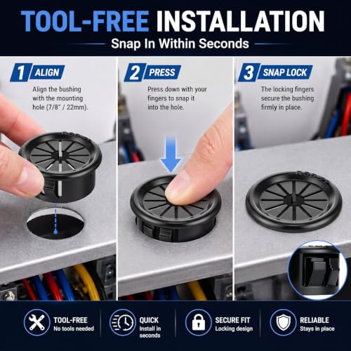 Image of Pangda 250-pack Flexible Shutter Bushings, 7 /8 inch (22mm) Mounting Hole Nylon Wire Grommets, Black Knockout Bushing Protector for 1 /2 inch Electrical Box, Cable Organizer and Management for Conduit & Panels