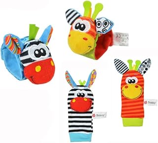 Foot Finder Socks & Wrist Rattles - Newborn Sensory Toys for Baby Boy or Girl - Brain Development Infant Toys - Hand and Foot Rattles Suitable for 0-3, 3-6, 6-9, 9-12 Months Babies (Giraffe & Zebra)