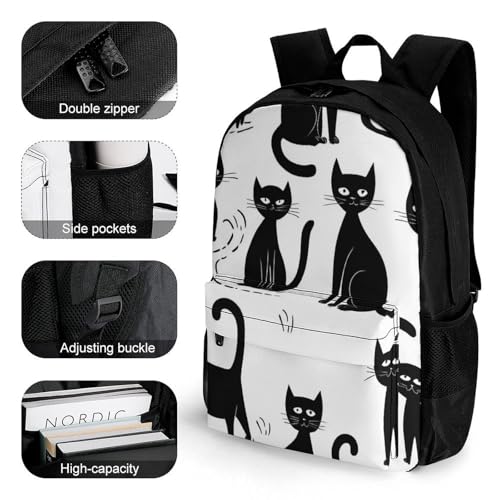Supdreamc Men Women Polyester Funny Black Cats White Daypack Bookbag Big Capacity Shoulder Bag With Padded Straps for Climbing Travel Walking Cycling3