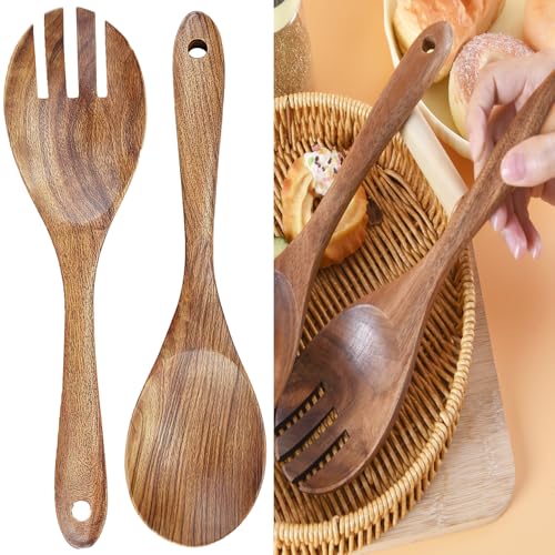 Salatbesteck-Set aus Holz, Salatgabel und -löffel mit langem Stiel, Küchenutensilien zum Mischen von Salaten, geeignet für große Salatschüsseln, Pastateller und mehr 2-teiliges